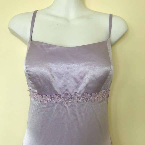 Light Purple Satin Formal Maxi Spaghetti Strap Dress with Beaded Daisy Trim - Picture 3 of 5